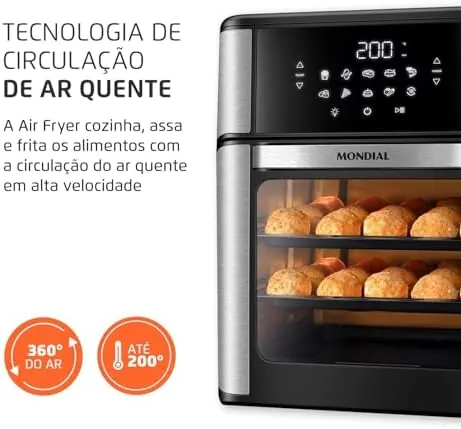 MONDIAL Fritadeira Air Fryer Forno Oven 12L, Preto/Inox, 2000W, 110V - AFON-12L-BI — foto 3
